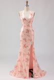 Sparkly Blush Floral Halter Mermaid Cut Out Prom Dress
