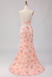 Sparkly Blush Floral Halter Mermaid Cut Out Prom Dress