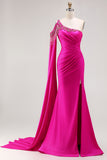 One Shoulder Fuchsia Mermaid Prom Dress With Slit