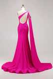 One Shoulder Fuchsia Mermaid Prom Dress With Slit