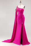 One Shoulder Fuchsia Mermaid Prom Dress With Slit