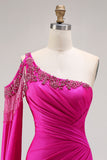 One Shoulder Fuchsia Mermaid Prom Dress With Slit