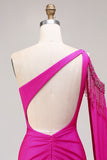 One Shoulder Fuchsia Mermaid Prom Dress With Slit