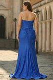 Strapless 3D Flower Royal Blue Plus Size Mermaid Prom Dress