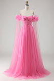 Hot Pink A-Line Off The Shoulder Pleated Prom Dress With Cape