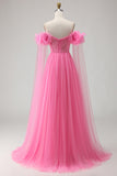 Hot Pink A-Line Off The Shoulder Pleated Prom Dress With Cape