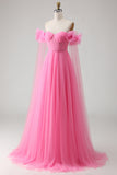 Hot Pink A-Line Off The Shoulder Pleated Prom Dress With Cape