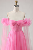 Hot Pink A-Line Off The Shoulder Pleated Prom Dress With Cape