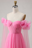 Hot Pink A-Line Off The Shoulder Pleated Prom Dress With Cape