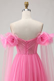 Hot Pink A-Line Off The Shoulder Pleated Prom Dress With Cape