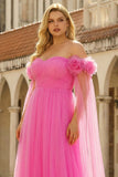 Off the Shoulder 3D Flower Hot Pink Plus Size Prom Dress