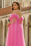 Off the Shoulder 3D Flower Hot Pink Plus Size Prom Dress