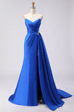 Royal Blue Satin Strapless Ruched Prom Dress with Side Cape