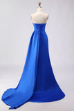 Royal Blue Satin Strapless Ruched Prom Dress with Side Cape