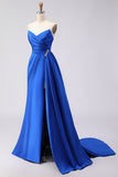 Royal Blue Satin Strapless Ruched Prom Dress with Side Cape