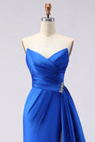 Royal Blue Satin Strapless Ruched Prom Dress with Side Cape