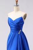 Royal Blue Satin Strapless Ruched Prom Dress with Side Cape