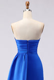 Royal Blue Satin Strapless Ruched Prom Dress with Side Cape