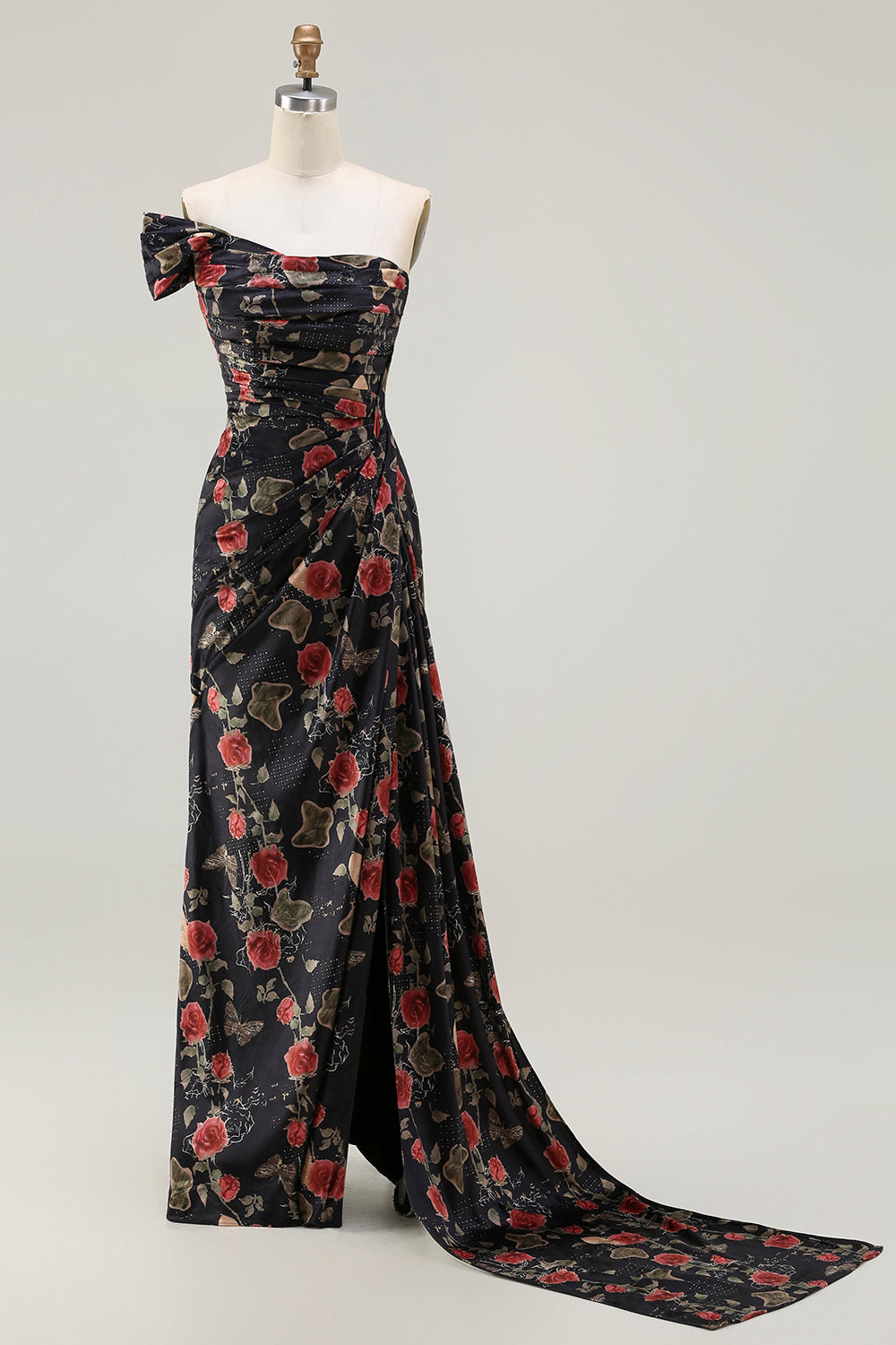 Berylove Women Black Red Flower Prom Dress with Slit Sheath One Shoulder Ruched Print Maxi Formal Dress with Side Cape, Black Red Flower / US16 Berylove Women Black Red Flower Prom Dress with Slit Sheath One Shoulder Ruched Print Maxi Formal Dress with Side Cape, Black Red Flower / US16