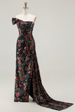 Black Red Flower One Shoulder Sheath Prom Dress With Side Cape