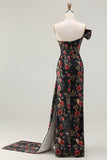Black Red Flower One Shoulder Sheath Prom Dress With Side Cape