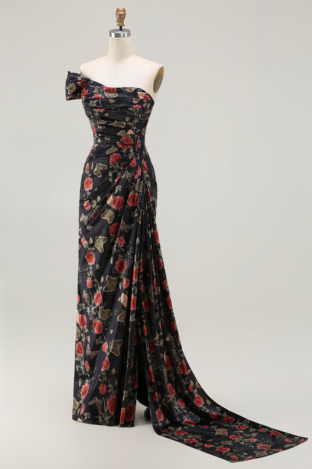 Berylove Women Black Red Flower Prom Dress With Slit Sheath One Shoulder Ruched Print Maxi Formal Dress With Side Cape, Black Red Flower / US16 Berylove Women Black Red Flower Prom Dress With Slit Sheath One Shoulder Ruched Print Maxi Formal Dress With Side Cape, Black Red Flower / US16