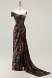 Black Red Flower One Shoulder Sheath Prom Dress With Side Cape