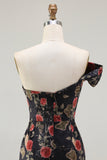Black Red Flower One Shoulder Sheath Prom Dress With Side Cape