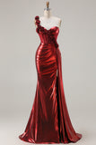 Metallic One Shoulder Burgundy Corset Mermaid Prom Dress With 3D Flowers