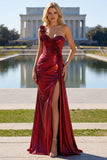 Burgundy Metallic 3D Flower One Shoulder Mermaid Prom Dress