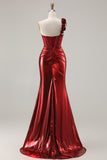 Metallic One Shoulder Burgundy Corset Mermaid Prom Dress With 3D Flowers