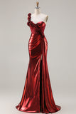 Metallic One Shoulder Burgundy Corset Mermaid Prom Dress With 3D Flowers