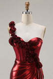 Metallic One Shoulder Burgundy Corset Mermaid Prom Dress With 3D Flowers