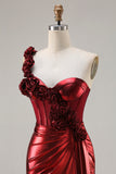 Metallic One Shoulder Burgundy Corset Mermaid Prom Dress With 3D Flowers