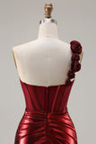 Metallic One Shoulder Burgundy Corset Mermaid Prom Dress With 3D Flowers