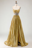 Metallic Golden Strapless Beaded A-Line Pleated Prom Dress With Slit