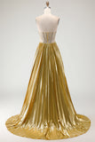Metallic Golden Strapless Beaded A-Line Pleated Prom Dress With Slit