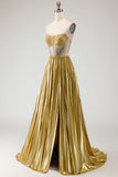 Metallic Golden Strapless Beaded A-Line Pleated Prom Dress With Slit