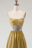 Metallic Golden Strapless Beaded A-Line Pleated Prom Dress With Slit