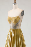 Metallic Golden Strapless Beaded A-Line Pleated Prom Dress With Slit