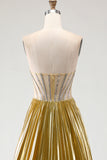 Metallic Golden Strapless Beaded A-Line Pleated Prom Dress With Slit