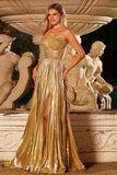 Metallic Golden Strapless Beaded A-Line Maxi Prom Dress
