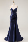 Navy Strapless Satin Corset Mermaid Prom Dress