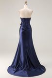 Navy Strapless Satin Corset Mermaid Prom Dress