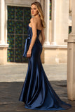 Navy Mermaid Ruched Strapless Prom Dress With Slit