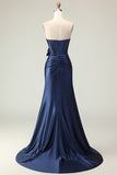 Navy Mermaid Ruched Strapless Prom Dress With Slit