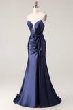 Navy Strapless Satin Corset Mermaid Prom Dress