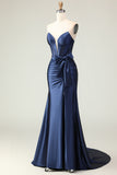 Navy Mermaid Ruched Strapless Prom Dress With Slit