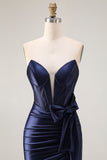 Navy Strapless Satin Corset Mermaid Prom Dress