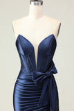 Navy Mermaid Ruched Strapless Prom Dress With Slit